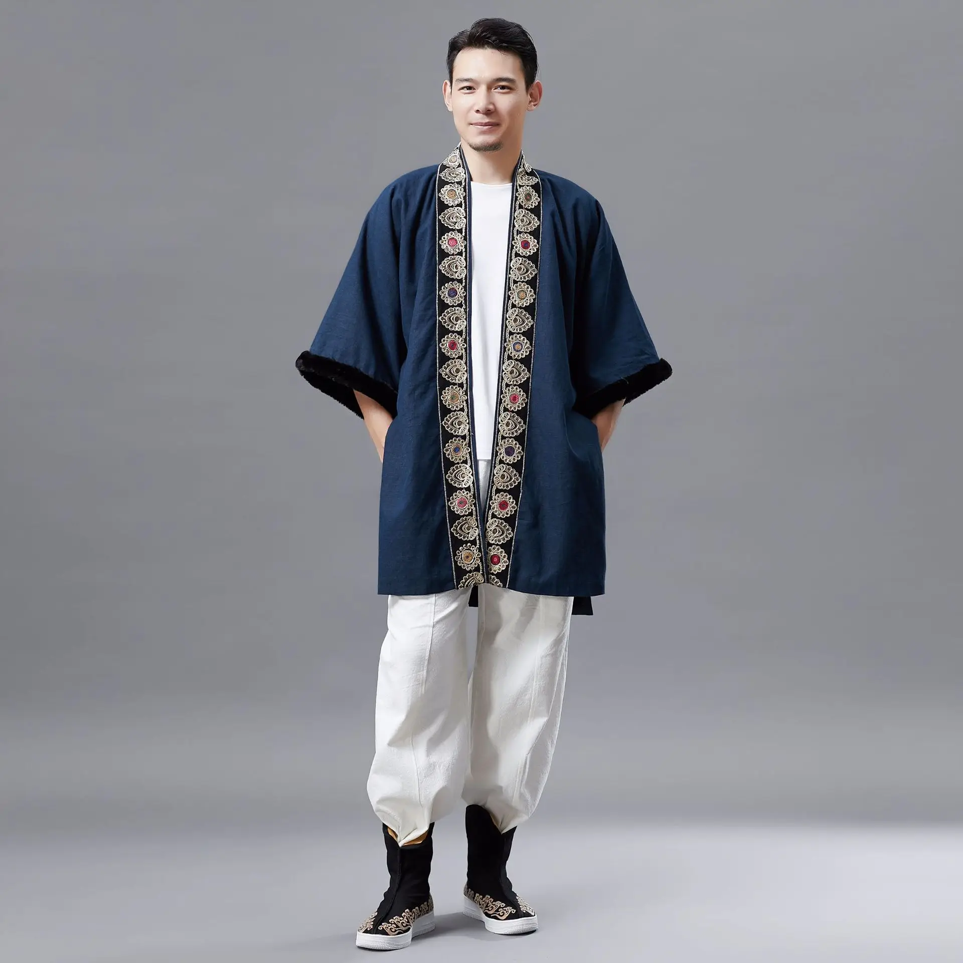 

Autumn and winter new place big sleep shirt Chinese Style Men's should retro National Costume Plus cashmere cotton padded