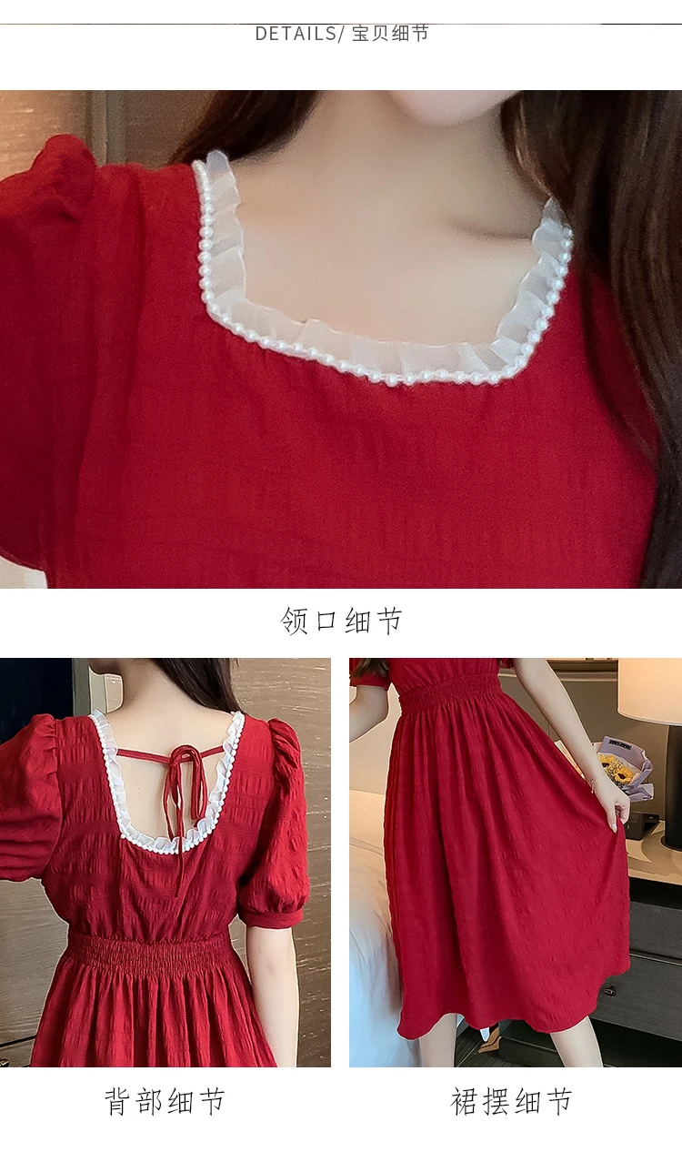 

2020 Summer Short Sleeve Women Casual Dress Vintage Fashion Female Solid Chiffon Dresses Elastic Waist A-line Vestidos