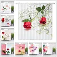 flowers shower curtains red pink blue rose green leaf plant bathroom decor home bathtub waterproof polyester curtain set cheap
