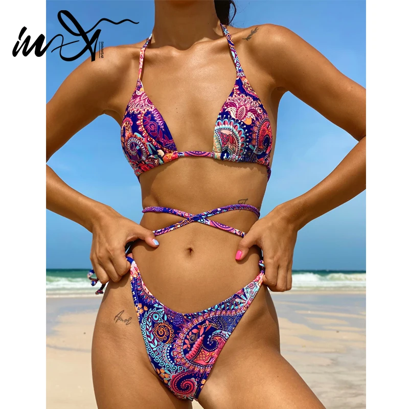 

In-X Bandage bikini set Halter triangle swimsuit women's swimming suit Print swimwear female 2021 High cut bathing suit biquini