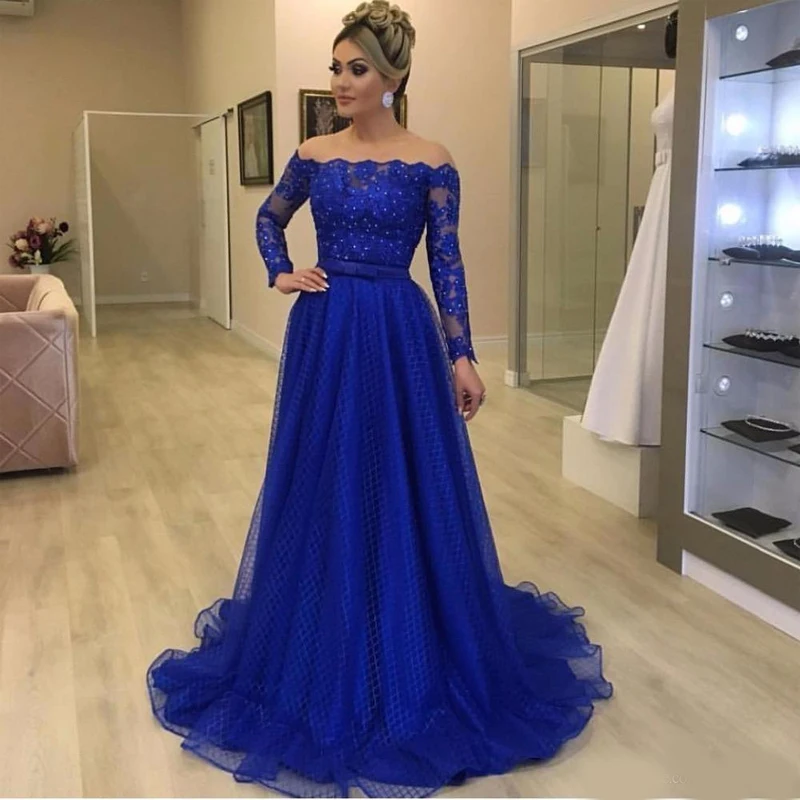 

Blue Jewel Sheer Neck A Line Lace Applique Beaded Vintage Evening Dresses Beautiful Pageant Gowns Custom Made Evening