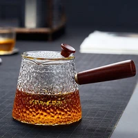wood handle hammer grain glass teapot cup with high temperature resistant cover and strainer lead free high borosilicate glass