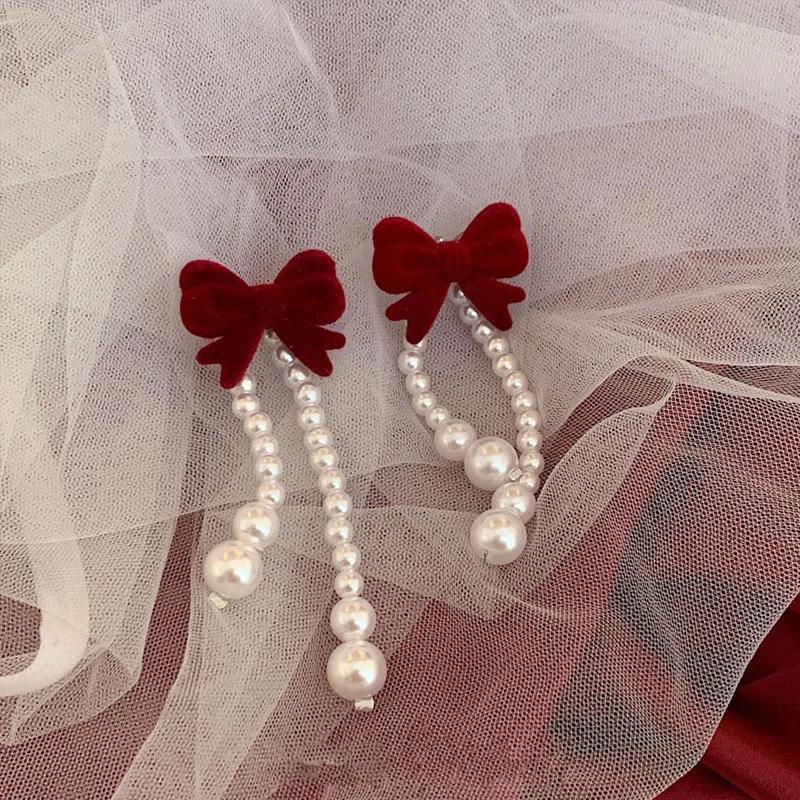 

Fashion Velvet Bow Stud Earrings For Women Temperament Pearl Tassel Red Bowknot Earrings Girls Party Christmas Jewelry Gifts