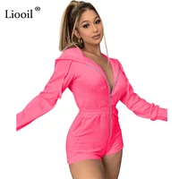 liooil neon hooded playsuit zip up sport jumpsuit 2021 long sleeve high waist pockets sexy romper joggers women jumpsuits shorts