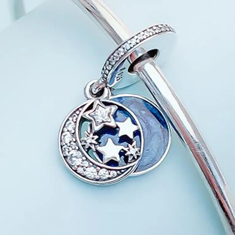 

100% 925 Sterling Silver Charm Retro Blue Star Moon Pendant Fit Pandora Women Bracelet & Necklace Diy Jewelry