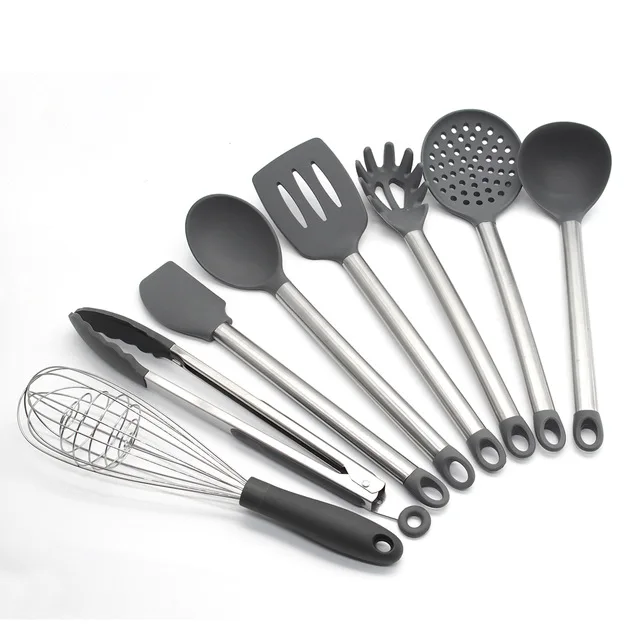 8pcs kitchen set Набор для кухни 8 шт. ручка из нержавеющей стали+ кухонные принадлежности из силикона кухонный набор для дома Инструменты антипригарный шпатель набор приборов Черный и светло-серый - Цвет: 8pcs kitchen set