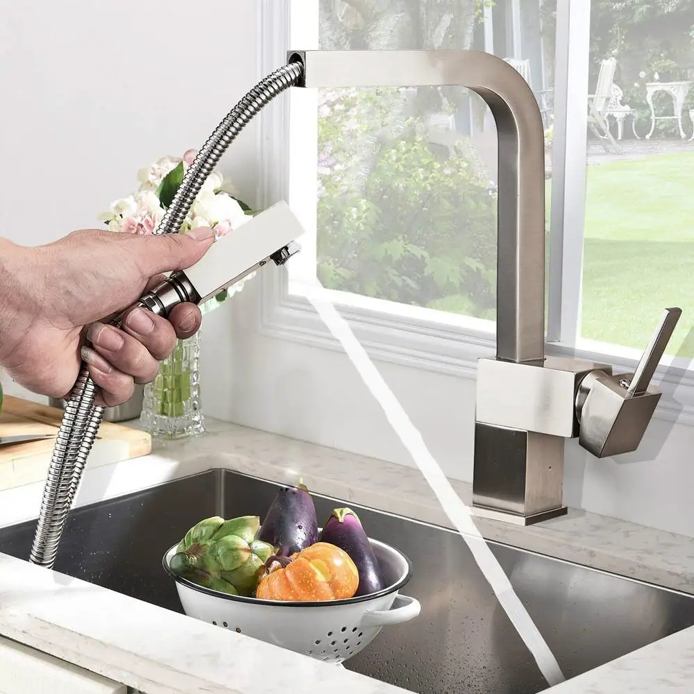 Квадратный выдвижной кухонный смеситель кран из матового никеля для кухни