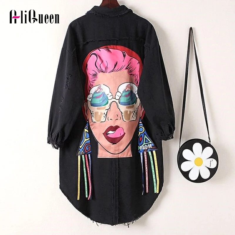 

Streetwear Sweatshirt Cartoon Jeans Cowboy Coat Outwear Women Denim Jacket Tassel Jeans Jackets Loose Black Long Coats Plus Size