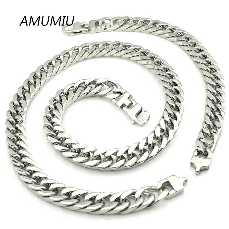

AMUMIU Big Heavy Fashion Stainless Steel Necklace Bracelet Set Chain Link Mens Jewelry Sets Rock 17MM Width, KTZ093