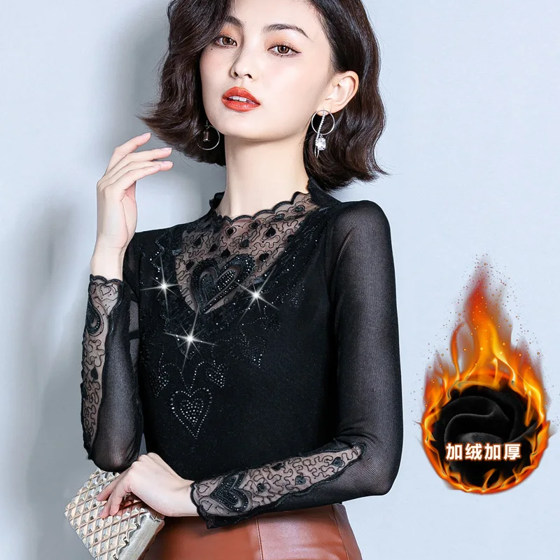 

Women High Neck Lace Sleeve Top Fashion Mesh Blouse Women's Long Sleeve Pattern Printing Ladies Womens Tops And Blouses