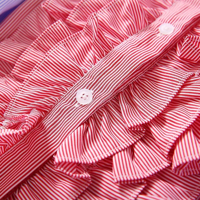 Fashion 2 pieces Runway Spring Autumn Women Long Striped Contrast Color Ruffles Blouse+Porcelain Shorts Sets