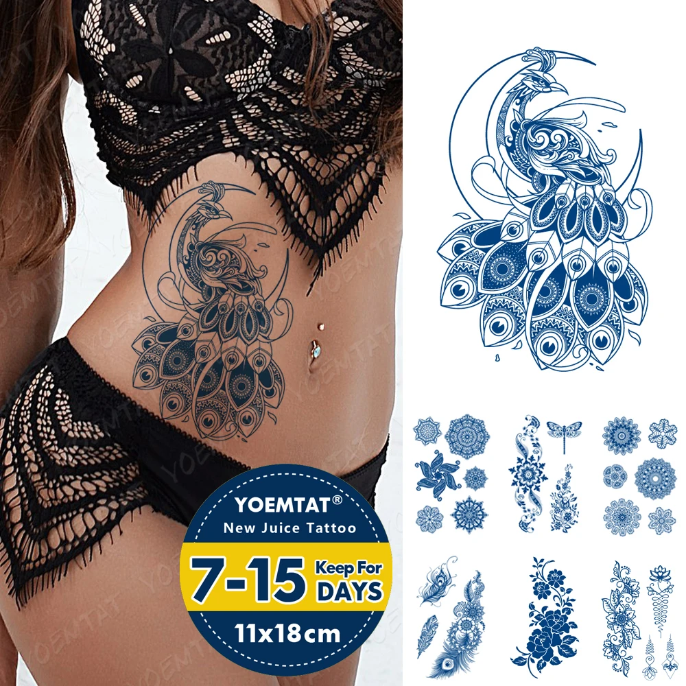 

Juice Lasting Ink Tattoos Body Art Waterproof Temporary Tattoo Sticker Peacock Moon Feather Tatoo Arm Fake Henna Mehndi Tatto