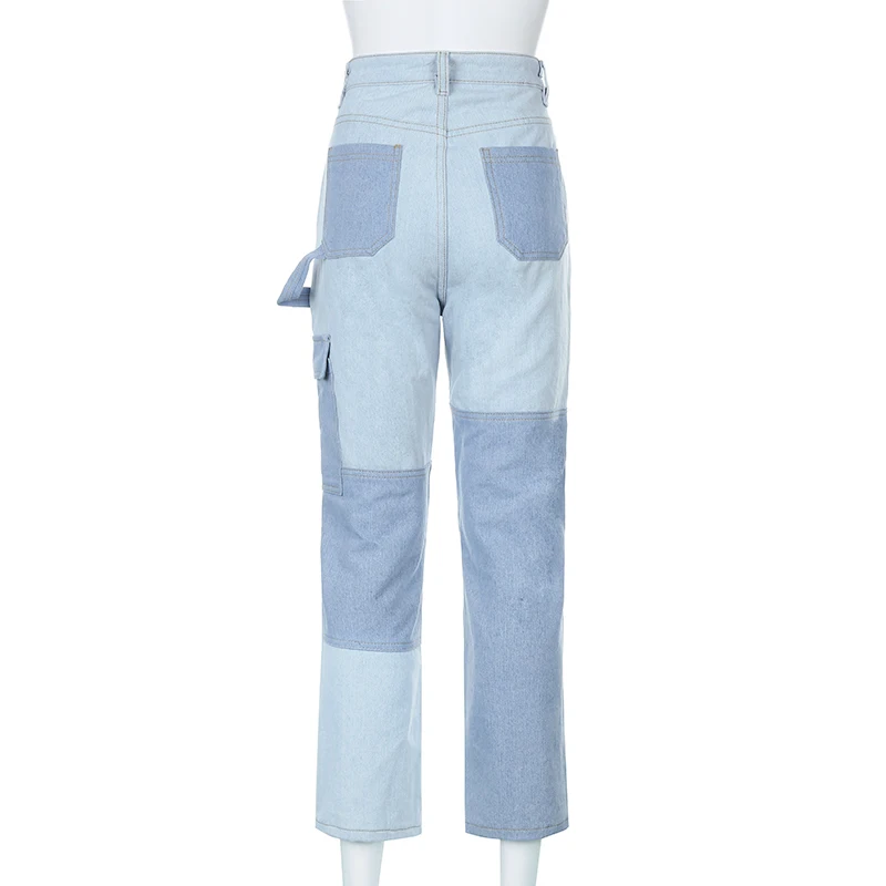 

Darlingaga Korean Casual Y2K Straight Patchwork Jeans Women Contrast Color Denim Trousers High Waist Mom Jeans Bottom Pants 2021