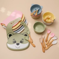 2021 new baby silicone bowl bibs set food grade infant feeding dishes tableware food dinnerware wood fork spoon non slip sets