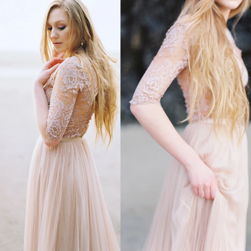 

×—×ª×•× ×” Vintage See Through Plus Size Lace Beach Blush Long Tail Elegant Cap Sleeves Gowns Bridal Blue Bespoke Wedding Dresses