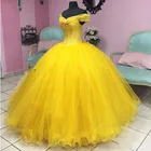 Желтое платье Золушки Quinceanera, женское бальное платье с открытыми плечами, женское корсет, милое официальное платье 16