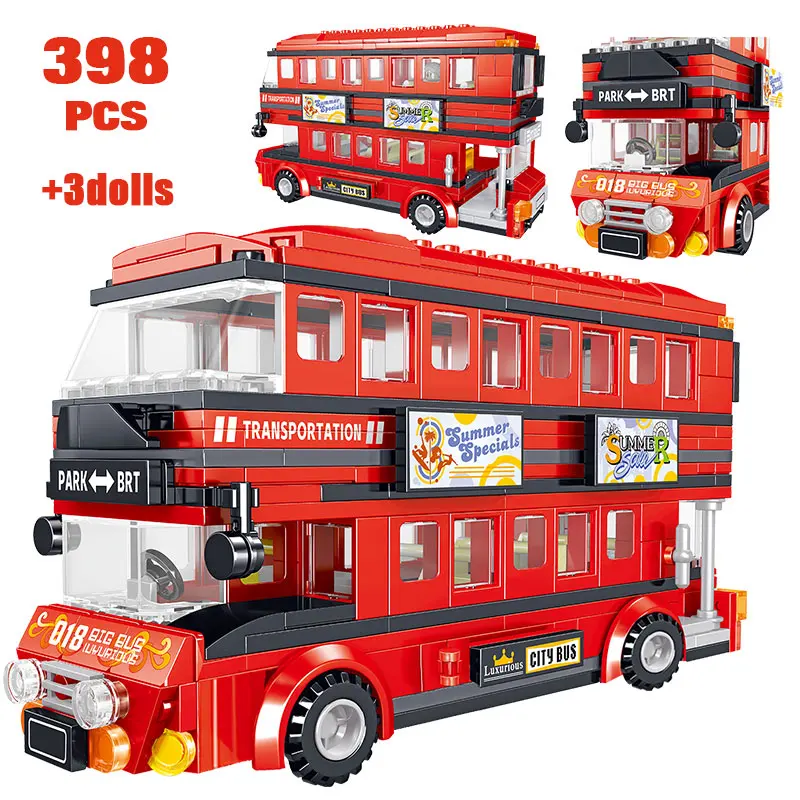 

398PCS High-tech Red Bus City School Car Creator Brt Double Deck Bus Building Blocks Bricks Toys for Kids Boys Birthday Gifts