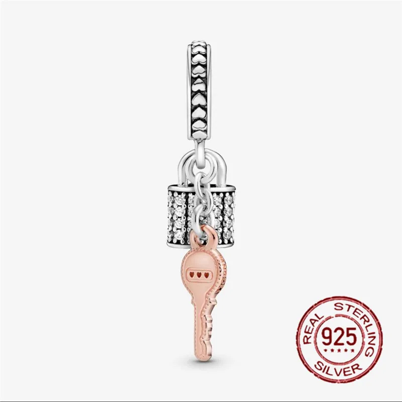 

New 925 Sterling Silver Pave Love Heart Key Dangle Charm fit Original Pandora Bracelet Silver Pendant 925 Jewelry Making