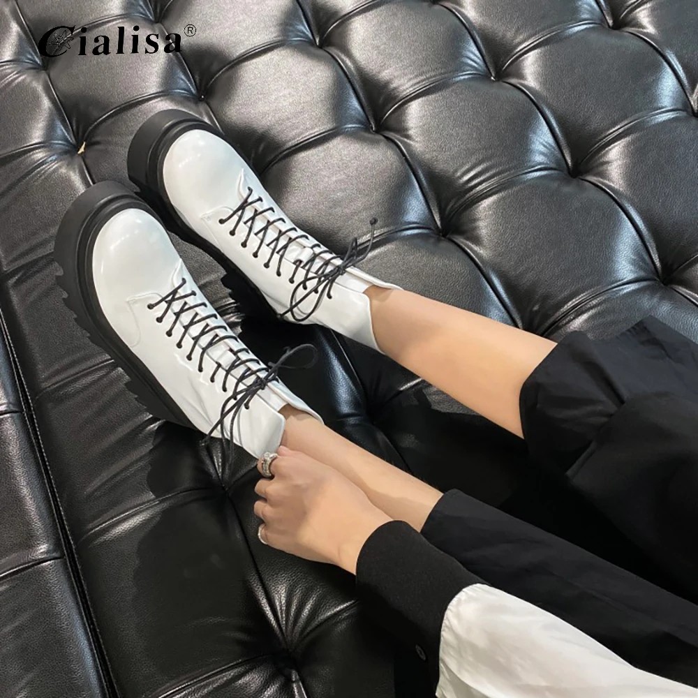 

CIALISA Shoes Fashion Genuine Leather Round Toe High Heel Boot New Design Lace Up Chunky Heel Autumn Women Motorcycle Boot