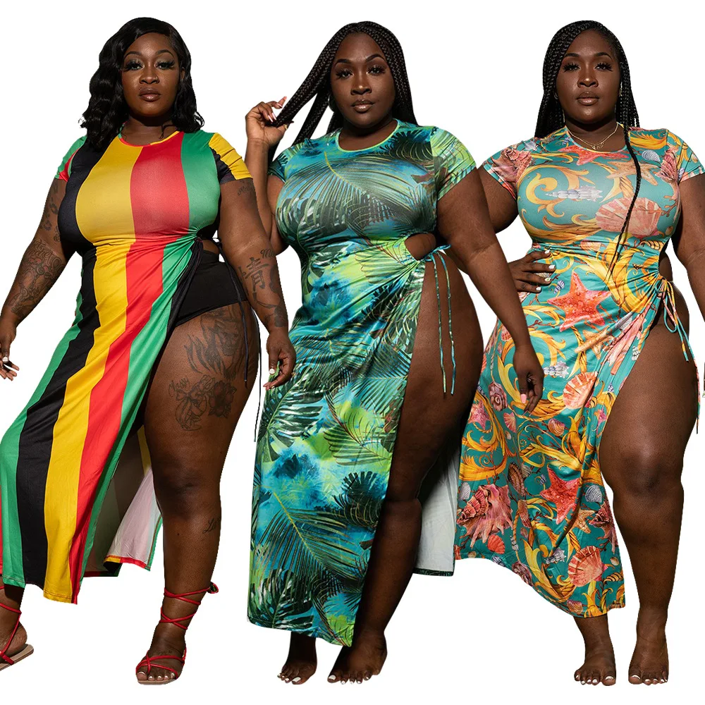 

Colorful Striped Printing Women Plus Size Beach Dresses 2021 Summer New O-neck Short Sleeve Lace-up Hollow out High Split Dress