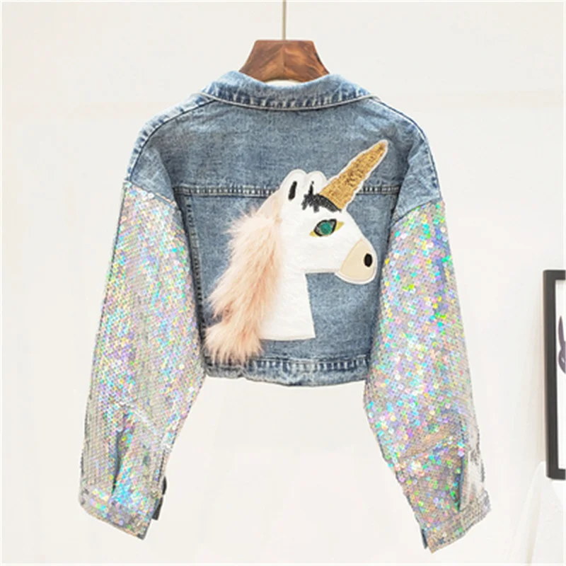 

Spring Loose Big Pocket Short Bat Sleeves Heavy Industry Sequins Denim Jacket Streetwear Women Autumn Casual Casual Jean Coat