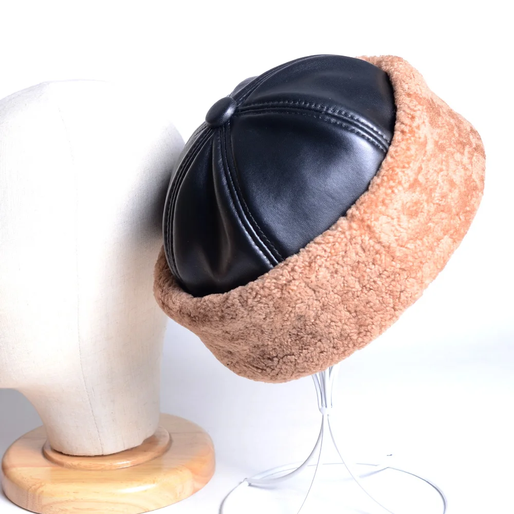 Men's Women's  Real Leather Real Fur  Winter Warm Thick lining Skullcap Beanies Beret Round Hat Brimless Caps/Hats