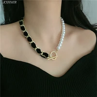 french leather chain pearl chokers necklace for women fashion toggle clasp asymmetric necklace jewelry accessories