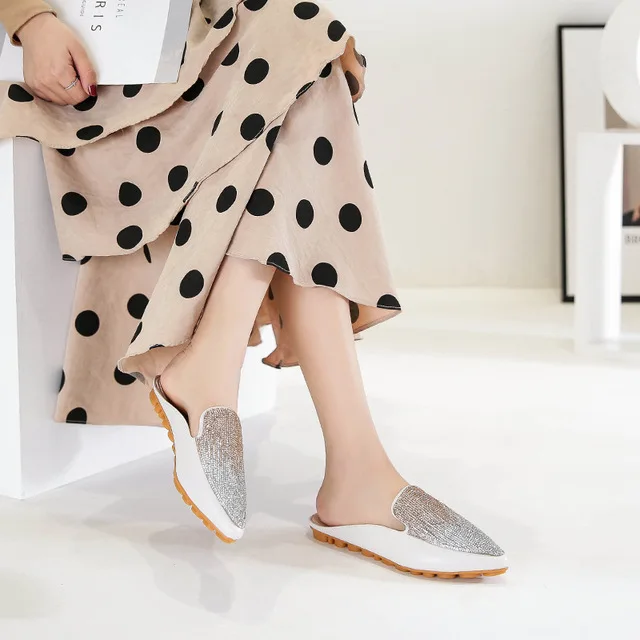 Мюли женские на низком каблуке модные блестящие заостренный носок туфли без