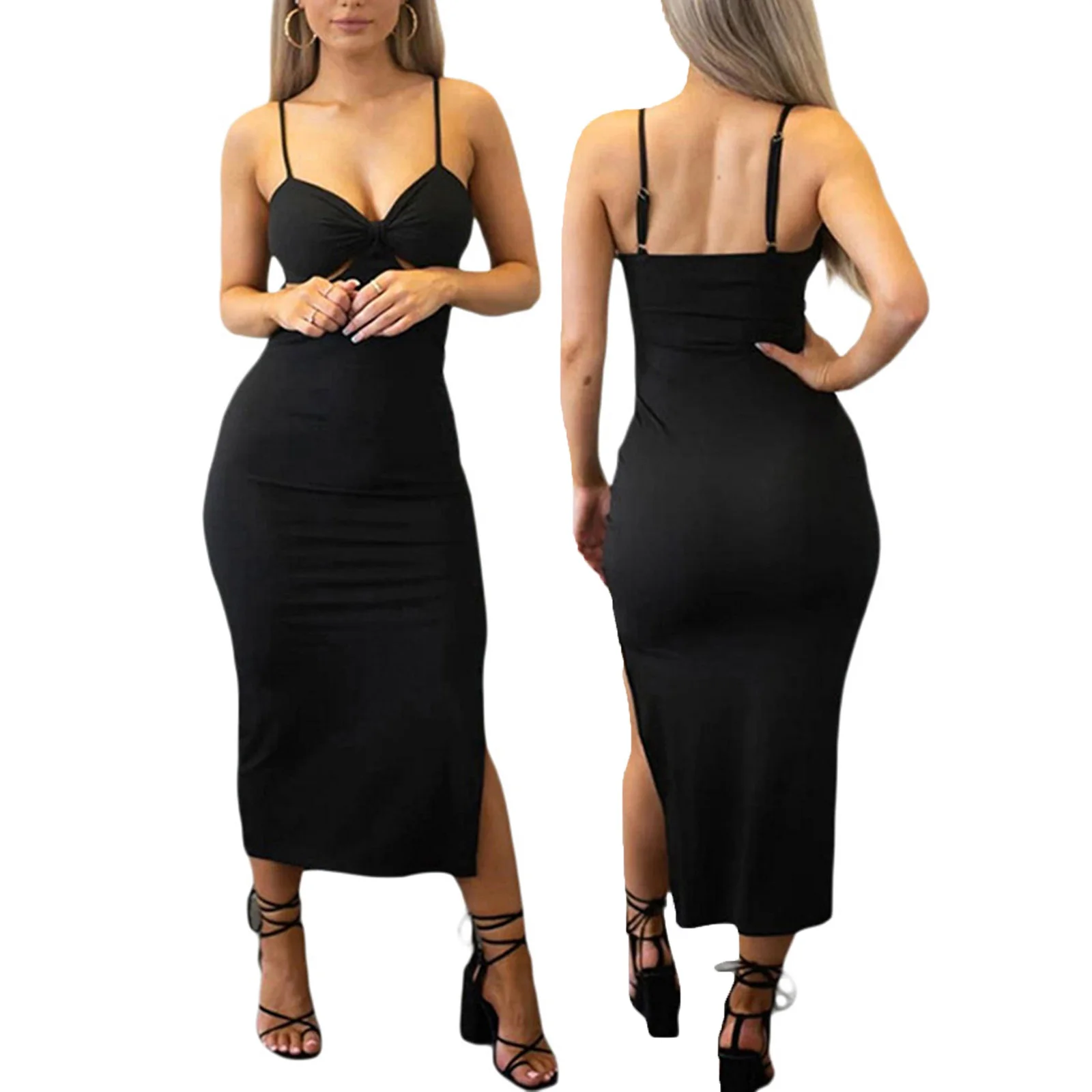 

Women's Solid Color Slimming Long Dress Sleeveless Low Neck Hollowed Side Split Sling Skirt Slim-fit split mid-length dress