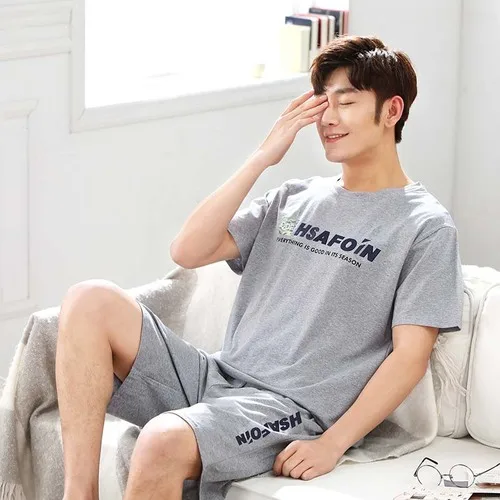 

Men's Pajamas Set Summer Loose Leisure Elastic Waist Men Sleepwear Cotton Man's Short Sleeve Grey T-shirt+striped Shorts Outwear