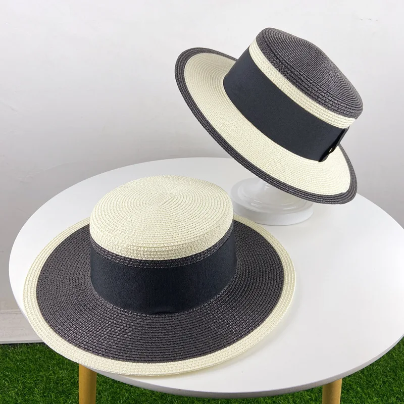 Brim Boater Hat Women Black White Joint Straw Hat Beach Sun Hat Cap Lady Summer Wide Brim Uv Protect Hats
