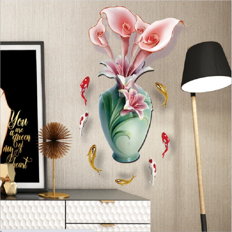 

1 Set Plat Wall Sticker Classic Self-adhensive PVC Pink Wall Decoration Vase Picture For Living Room Hotel Store Decoration