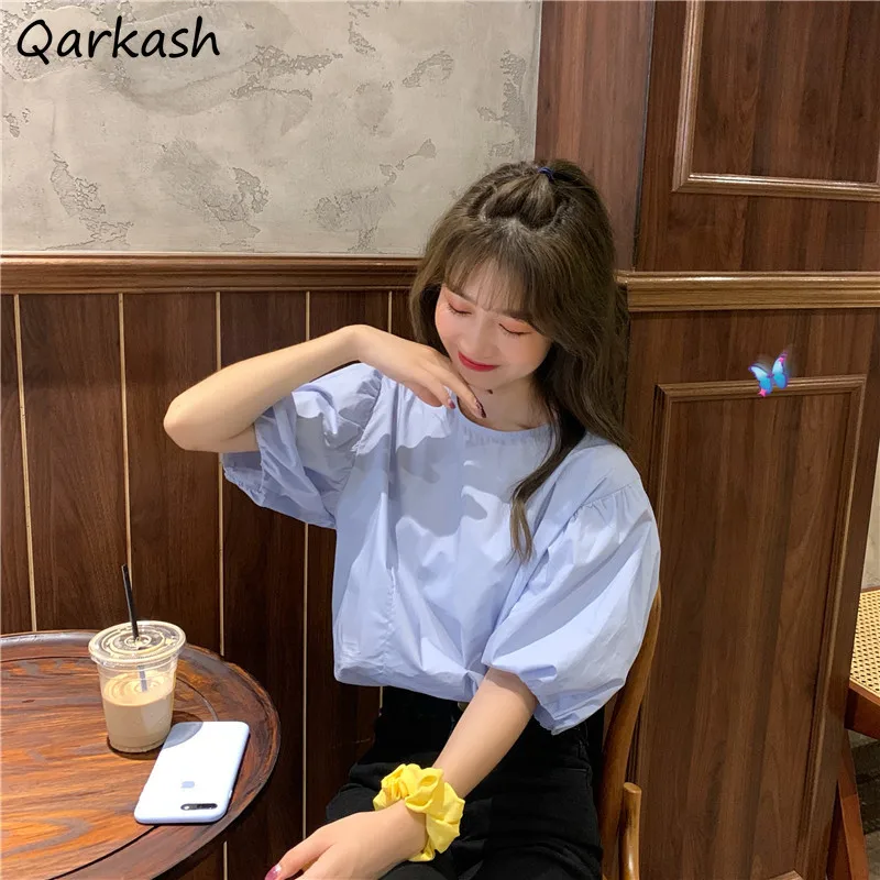 

Women Blouses Puff Sleeve Solid Loose O-neck French Style Chic Fashion All-match Students Simple Leisure Elegant Summer Clothing