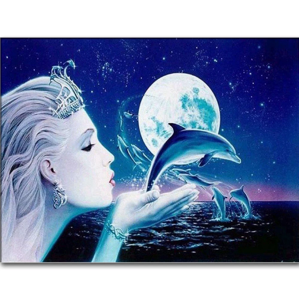 

Квадратная/круглая Алмазная 5D картина «сделай сам», вышивка крестиком «Морская принцесса, дельфин, волны», 3D Мозаика, украшение для дома
