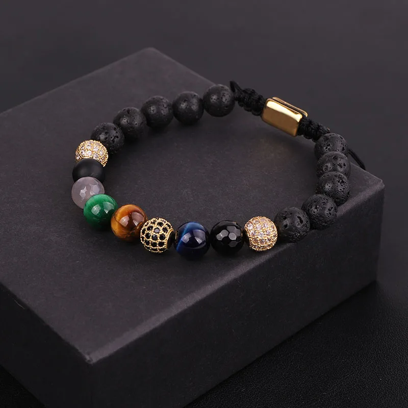 

High Quality Jewelry Mix Natural Stone Tiger Eye Lava Rock Beads Adjustable Bracelet Men Women