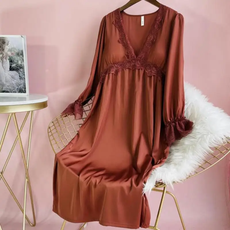 

New Spring Summer Women Nightdress Sleepwear Sexy Patchwork Lace Long Sleeve V-neck Nightgown Lingerie Casual Satin Home Clothes