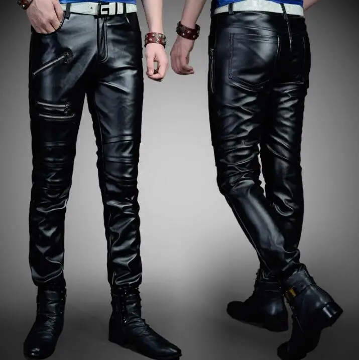 Autumn faux leather pants mens feet pants fashion motorcycle pu trousers for men black personality pantalon homme