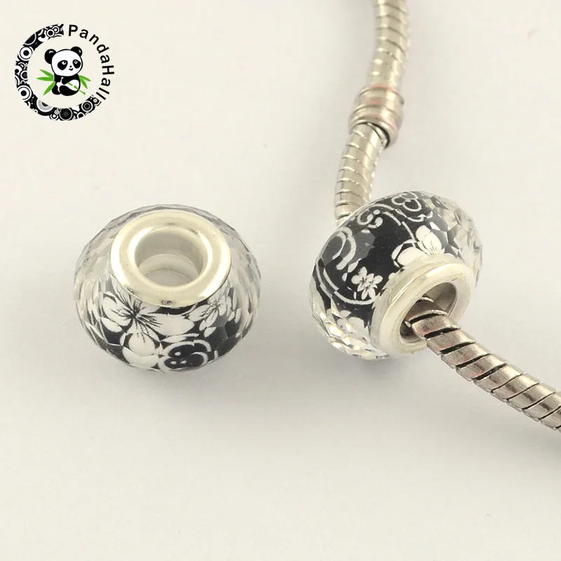 

100pcs 14x9mm Rondelle Large Hole Flower Pattern Acrylic European Beads with Silver Color Plated Brass Double Cores ,Hole: 5mm