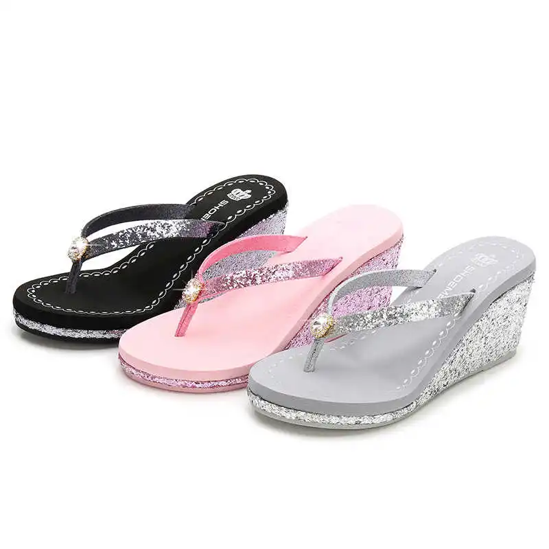 

2021 new summer Sequin Rhinestone women's high heel clip toe sandals thick bottomed Beach Flip Flop