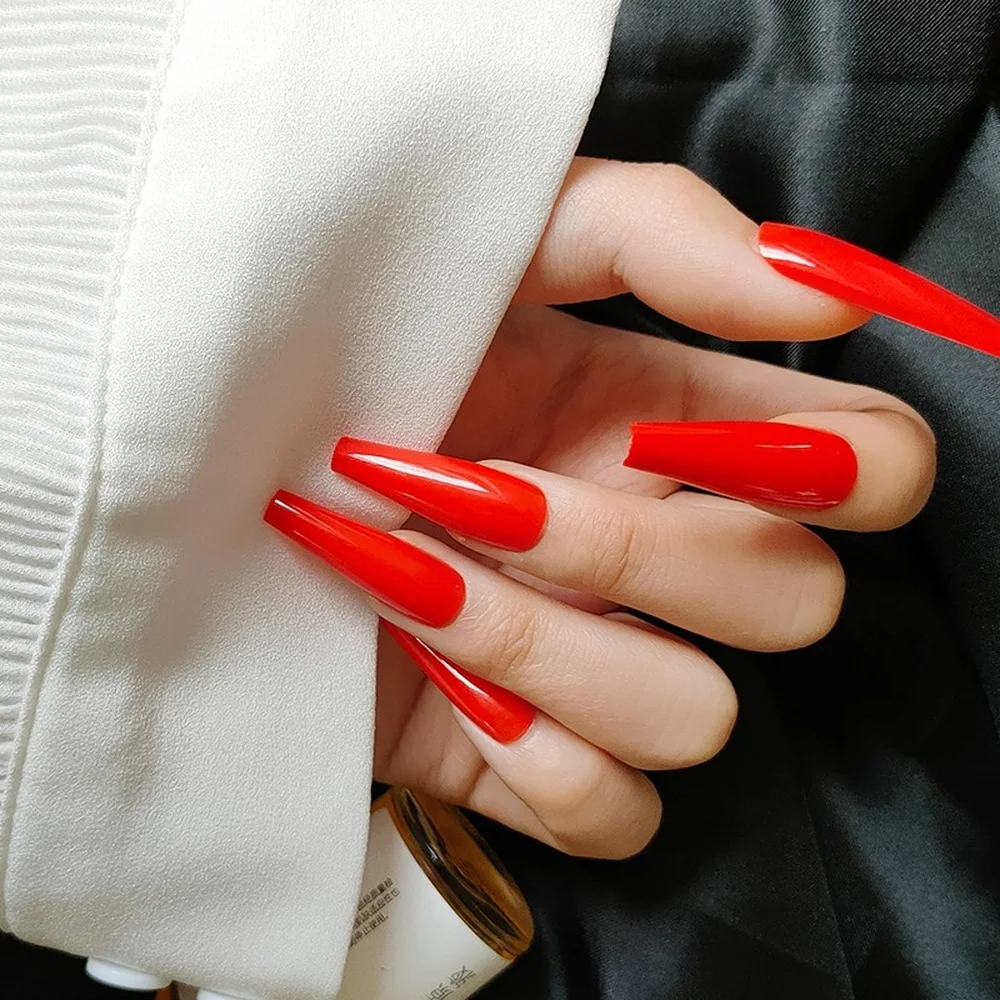 

Dropshipping Wedding Red Long Coffin Fake Nails Ballerina Impress Decorating Faux Ongles Full Cover Plastic Press on Nails