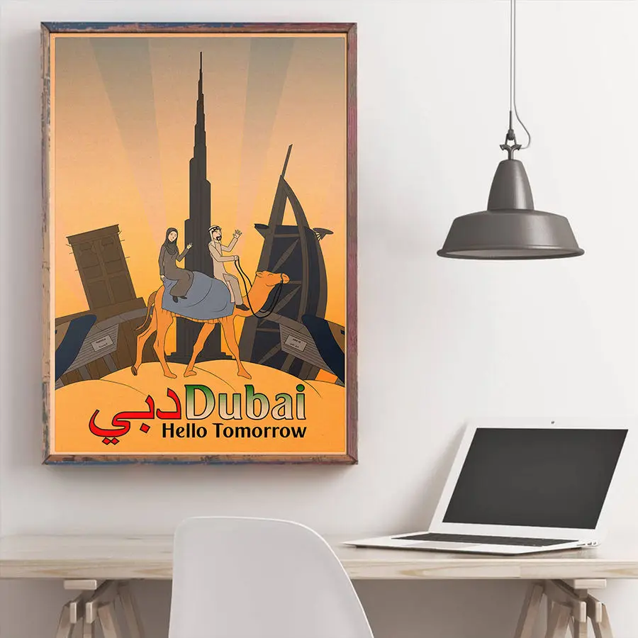 Постер путешествий в Дубае античная пейзажная живопись винтажная крафт-бумага