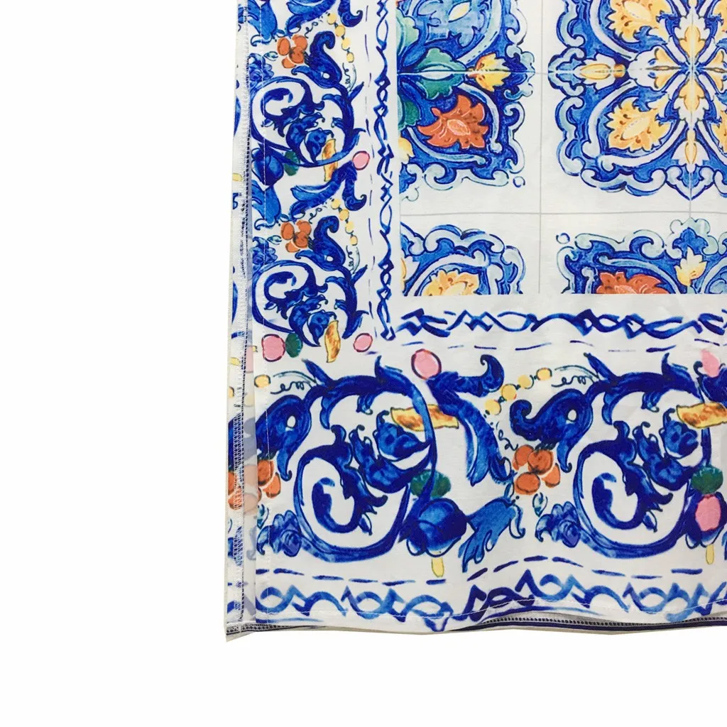 

V-neck blue and white porcelain print trumpet sleeve Bohemian Beach Dress spring and autumn women's long split loose dress