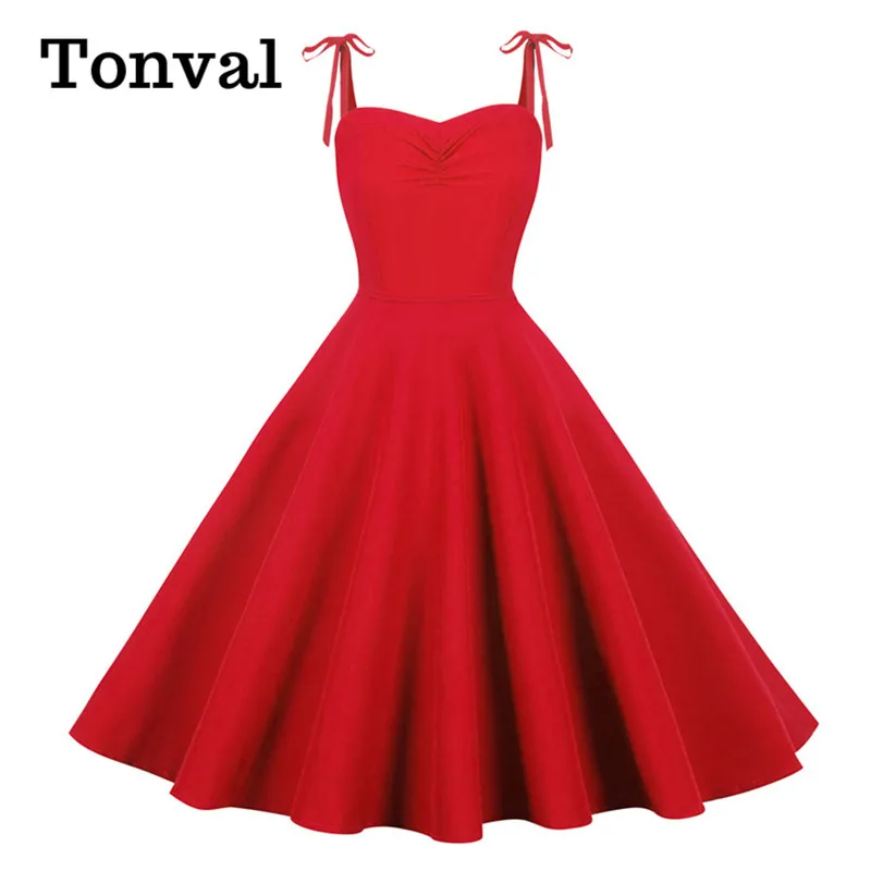 

Tonval Women Solid Color Ruched Vintage Pinup Dress Summer Knotted Spaghetti Strap Tie Back Casual Swing Dress 2020 New