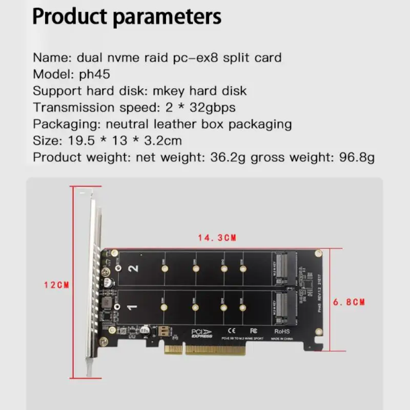 

PCI-EX8 dual-disk NVME M.2 MKEY SSD RAID array expansion adapter motherboard PCI-E split card Computer Cables & Connectors