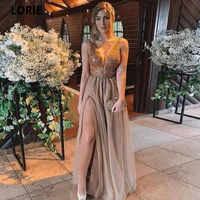 lorie 2021 fashion tulle a line prom dresses with sequins v neck cap shoulder leg slit formal evening gowns robes de soiree