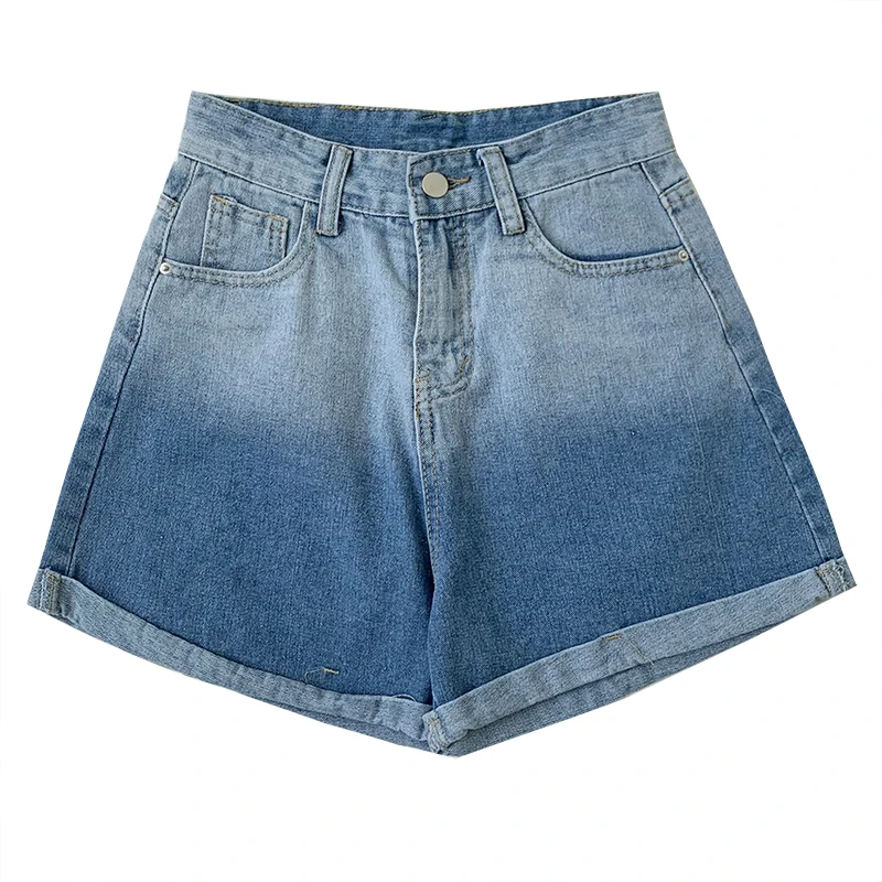 

ZAWAHIKI Gradient Washed Denim Shorts Women Summer Vintage Crimping High Waist Loose Wide Leg Pants All-match Jean Denim Shorts