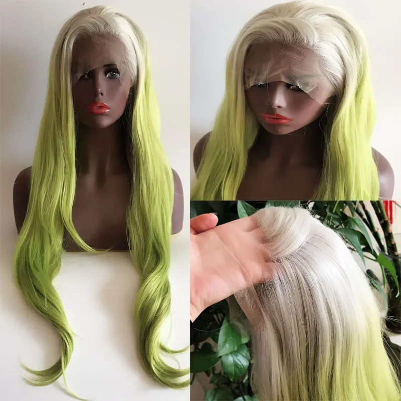 BM White Roots Ombre Green Natural Wave Synthetic 13*4 Lace Front Wig Heat Resistant Fiber Hair Natural Hairline For Women Wigs