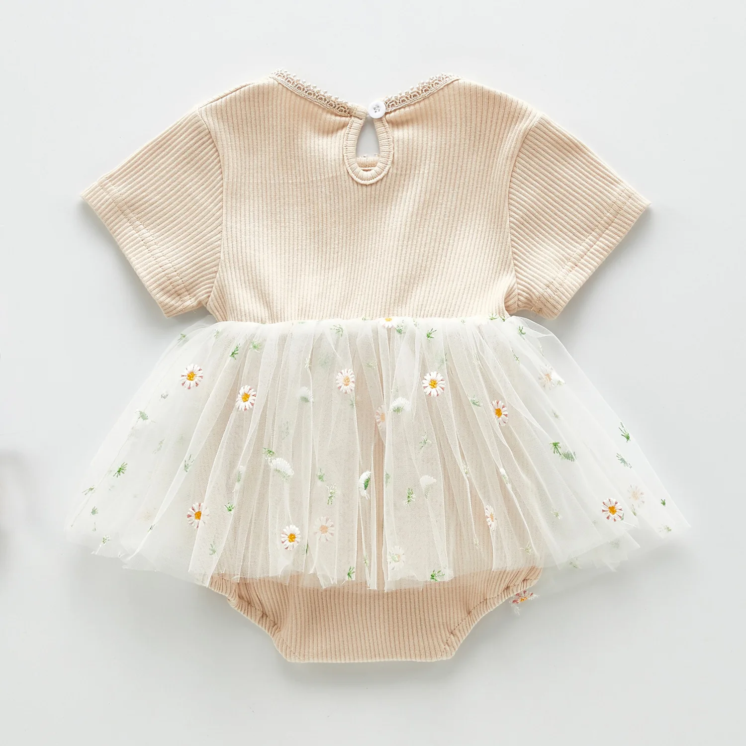 

Baby Girls Romper Cotton Short Sleeve Round Neck Striped Mesh Multi-Layer Button Closure Patchwork Bodysuits Outfit