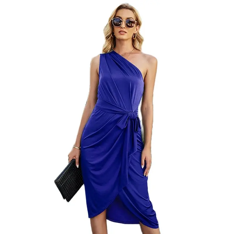 

Diagonal Collar Sexy Off Shoulder Midi Irregular Dress Women Summer Solid Casual Slim Sashes Pleated Pink Party Vestidos Female