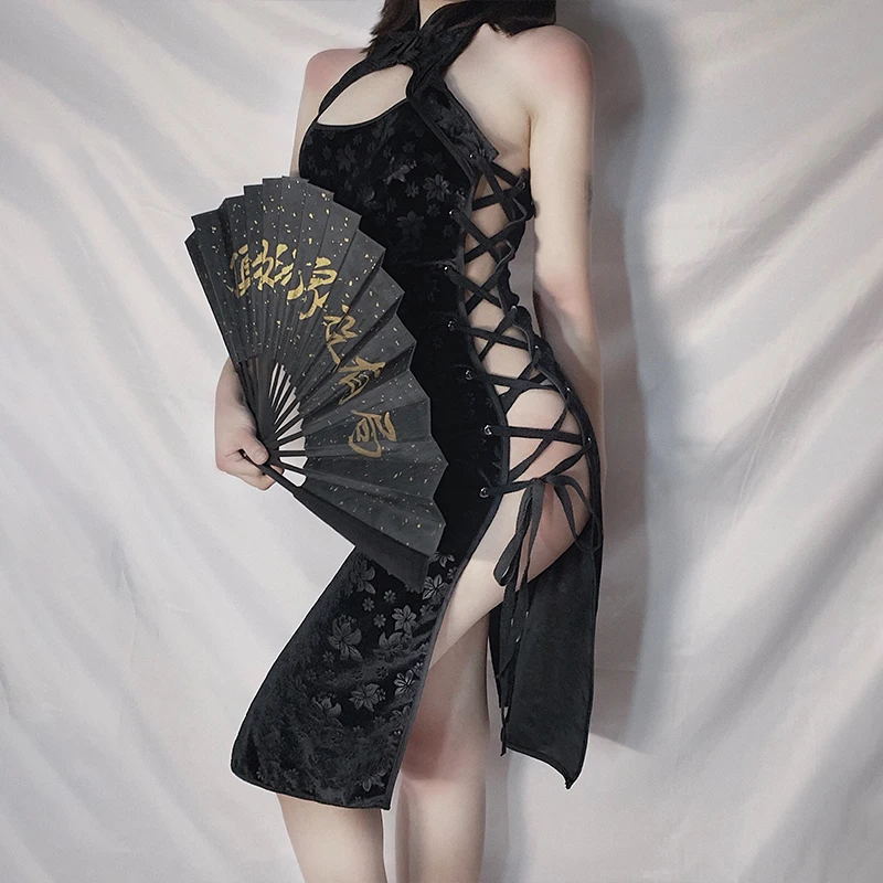 Жаккардовое пикантное Бандажное мини платье с разрезом в китайском стиле Ципао